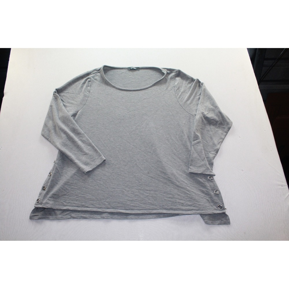 Belle Long Sleeve Top Womens Large Grey Toggle Side Slit High Low Hem Scoop Neck